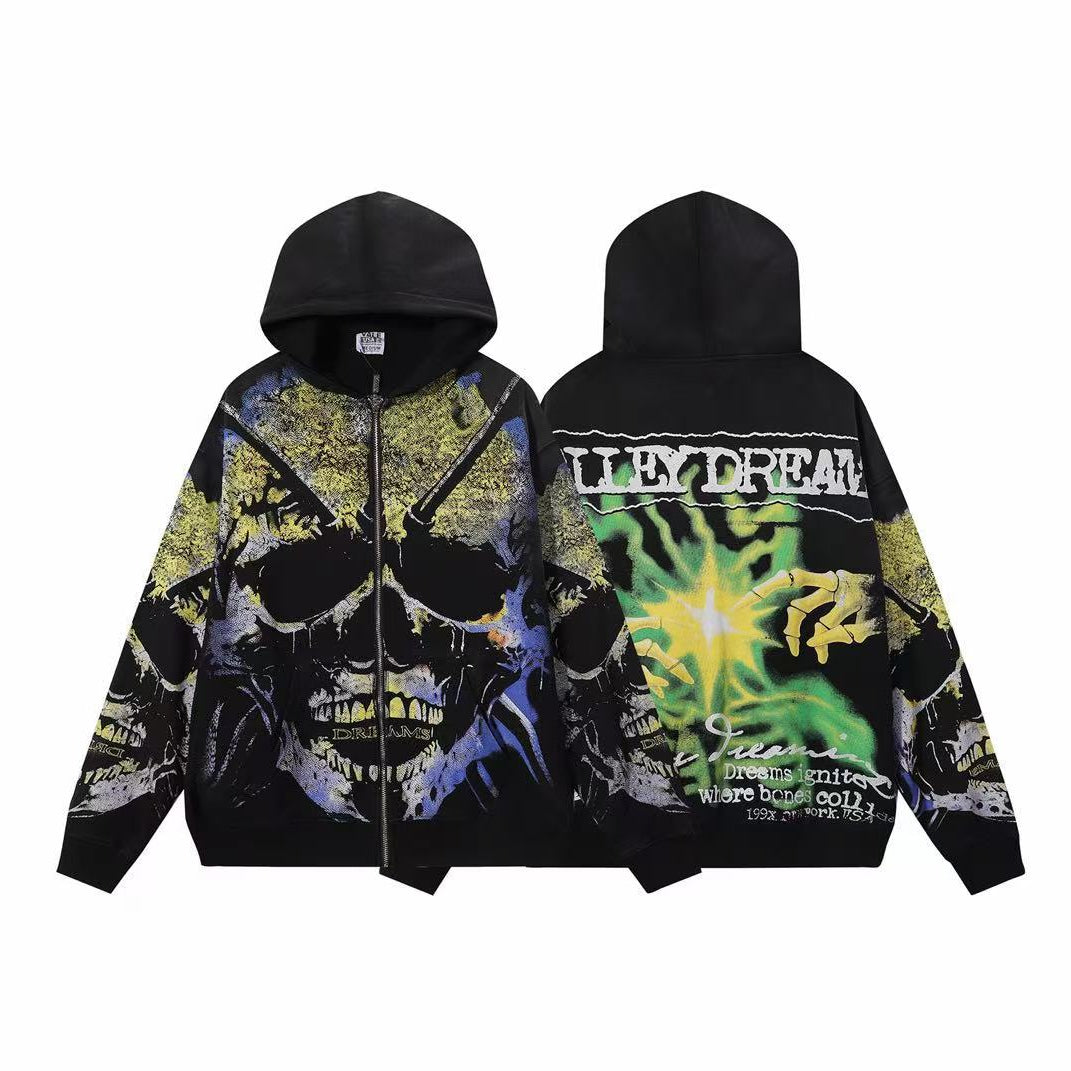 Vale Forever Valley Dreams Skull & Glowing Hands Graphic Vintage Wash Full-Zip Hoodie